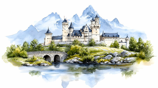 Majestic castle by lake, mountain backdrop, postcard scenic view