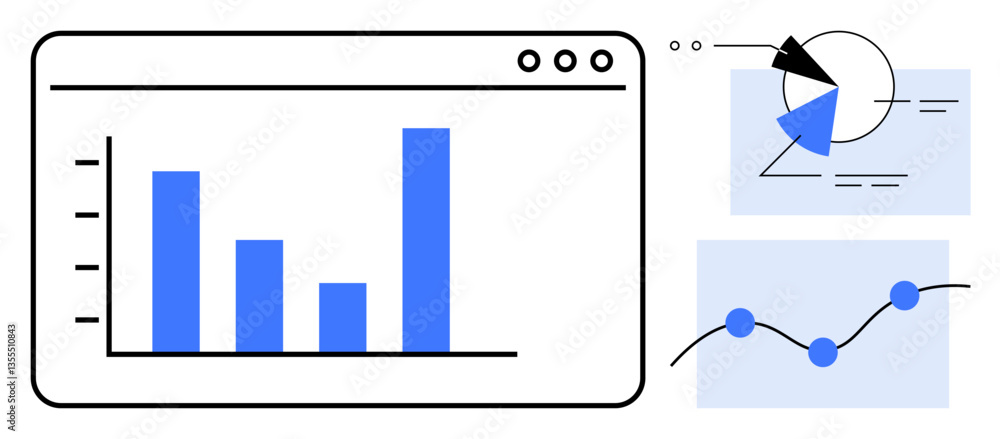 Poster bar graph on browser window, pie chart, line graph with nodes. ideal for analytics, reports, busines