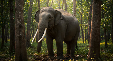 Fototapeta premium Elephant Standing Calmly Amongst Trees in a Lush