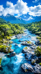 Naklejka premium Majestic Mountain River Winding Through Lush Valley