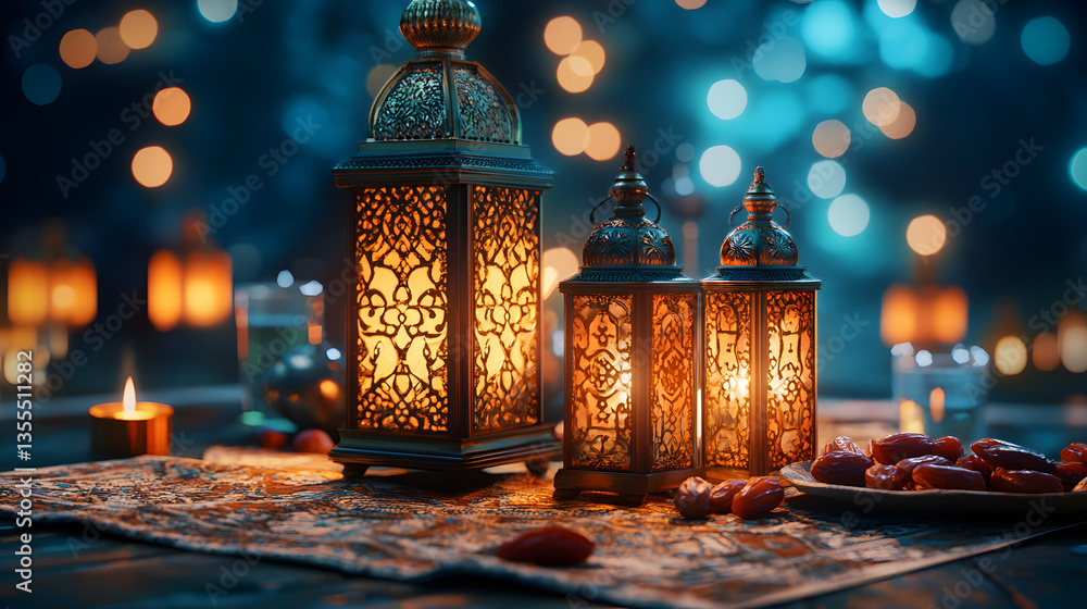 Aufkleber intricate lanterns glow warmly on a table adorned with dates, creating a serene and festive atmosphe