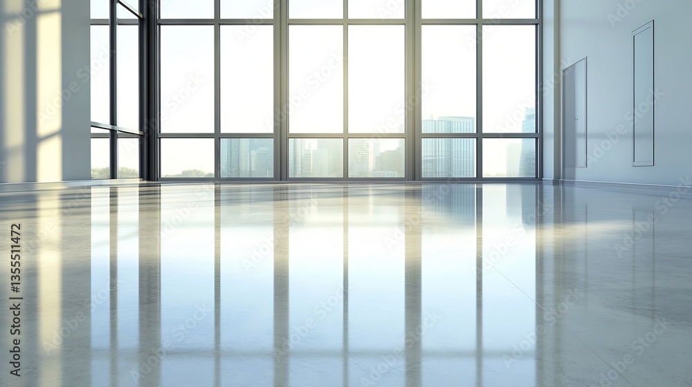 Poster modern office space with sunlight shining through large windows onto polished floor : generative ai