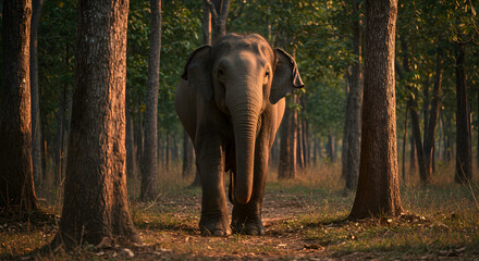Fototapeta premium Elephant Standing Calmly Amongst Trees in a Lush