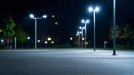 Quiet Night Scene of a Dimly Lit Public Park Path with Modern Street Lights : Generative AI