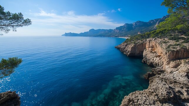 Breathtaking coastal view of clear blue water meeting rocky cliffs under a bright sunny sky : Generative AI