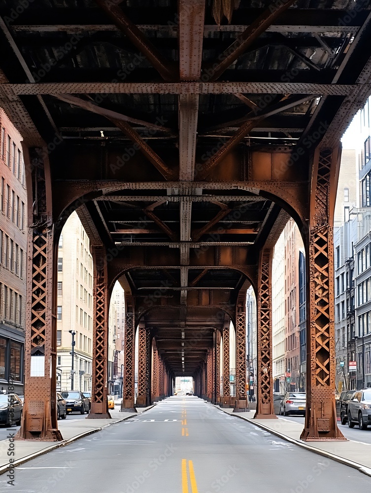 Aufkleber industrial urban scene showcasing a rusty elevated train track and city architecture in the backgrou