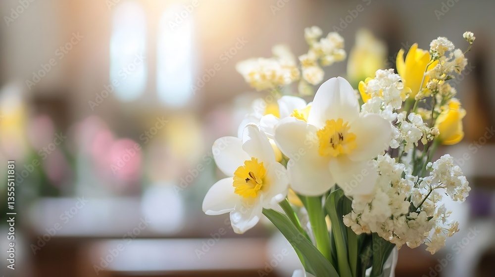 Aufkleber beautiful arrangement of daffodils and various flowers in a softlit room creating a warm ambiance : 