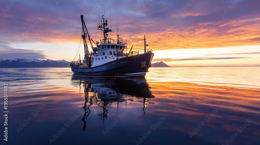 Poster fishing boat at sunset reflecting on calm water creating a tranquil scene in the harbor with mountai