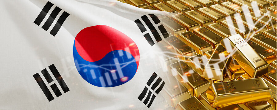 Gold bars with South Korea flag. Chart simply precious metals stocks. National foreign-exchange reserve banking economy system. Golden reserve. 3d image