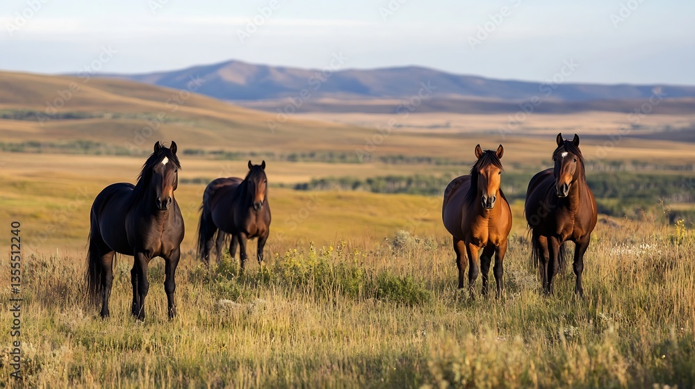 Poster four majestic horses grazing peacefully in an open field with rolling hills in the background : gene