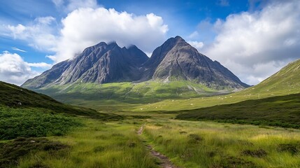 Fototapeta premium Stunning panoramic view of majestic mountains under a bright blue sky in the Scottish Highlands : Generative AI