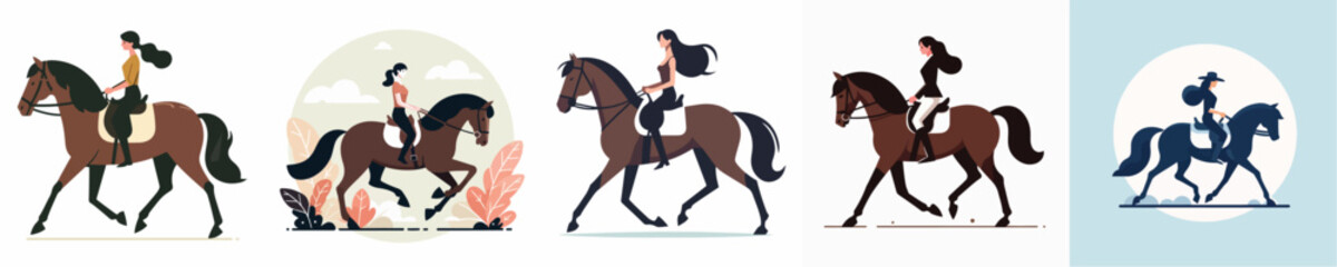 vector set of women riding horses