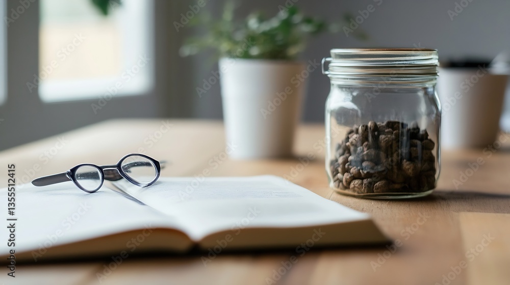 Poster cozy indoor setting with a book glasses and a jar of snacks on a wooden table : generative ai