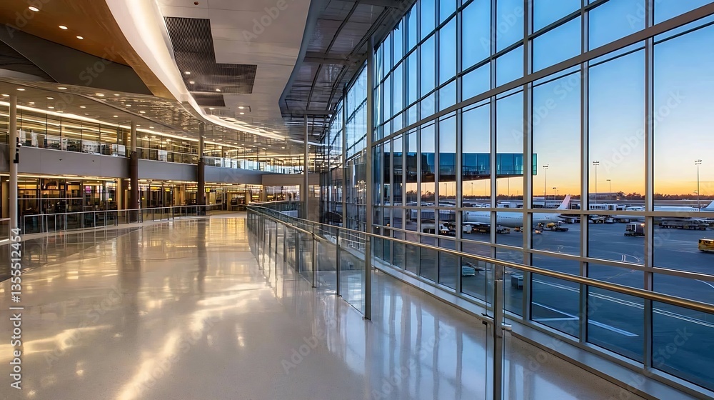 Poster bright and airy airport terminal showcasing modern design and large windows with sunset views : gene