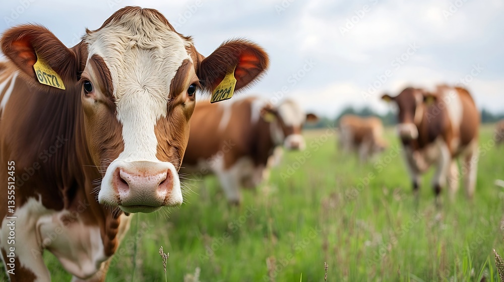Aufkleber Close up image of a curious cow in a green pasture with others grazing in the background under a cloudy sky : Generative AI