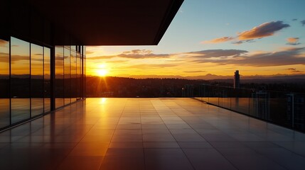 Stunning Sunset Over Urban Landscape from a Modern Building with Floor to Ceiling Windows : Generative AI