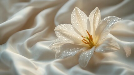 Obraz premium Close-up of a dew-covered white lily on cream silk fabric.