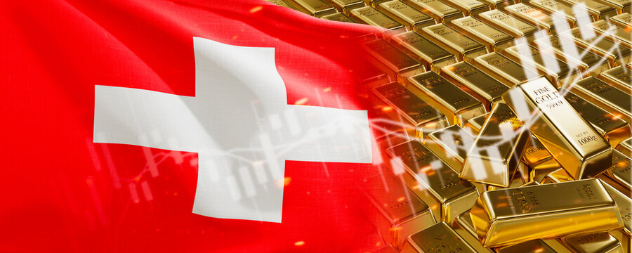 Gold bars with Switzerland flag. Chart simply precious metals stocks. National foreign-exchange reserve banking economy system. Golden reserve. 3d image