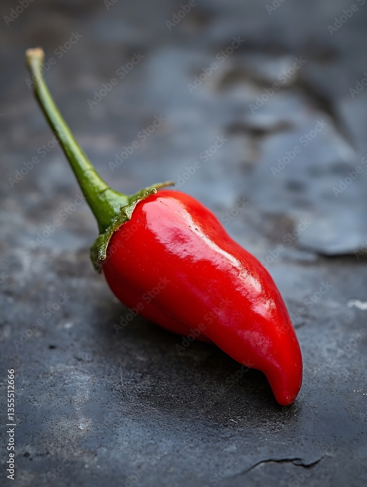 Poster Single vibrant red chili pepper resting on a textured dark stone surface creating a striking visual : Generative AI