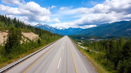 Naklejka premium Expansive highway stretching through mountains and lush greenery under a dramatic sky : Generative AI