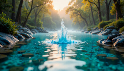 Sparkling water fountain in tranquil forest setting  