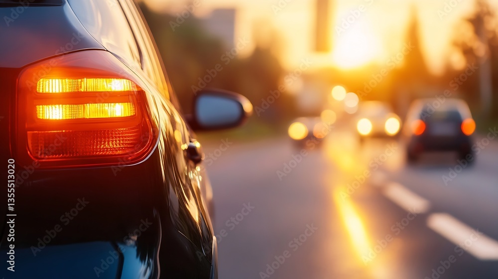 Poster close up of a black car tail light with blurred traffic and sunset in the background emphasizing tra