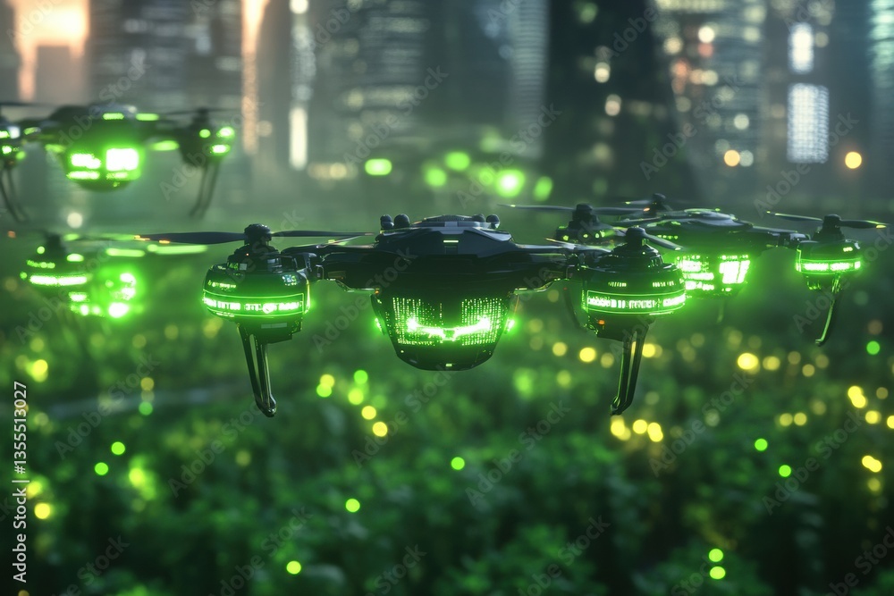 Poster futuristic drones scanning crops in a green agricultural field with glowing sensors during a bright 