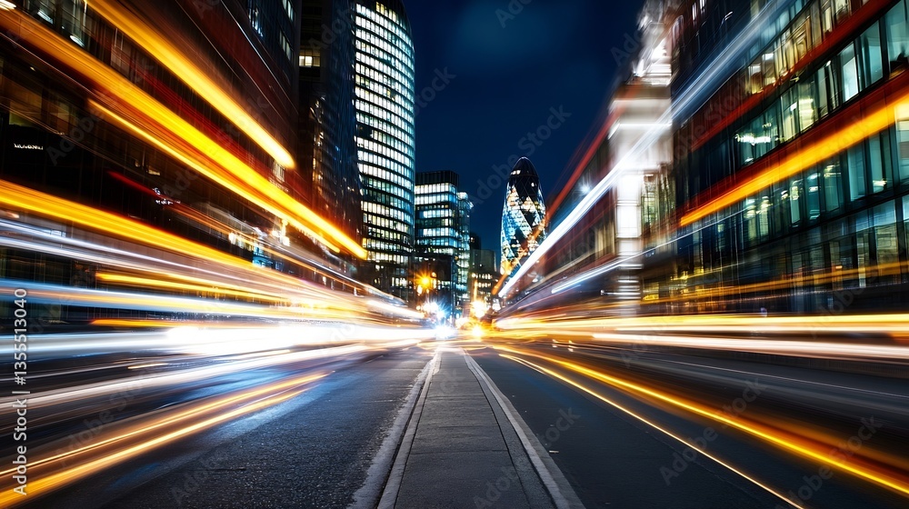 Aufkleber Dynamic cityscape at night with streaks of light creating a sense of speed and motion : Generative AI
