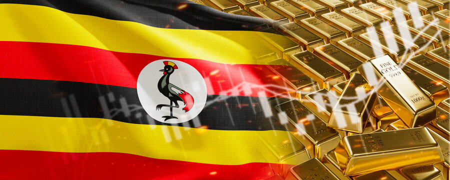 Gold bars with Uganda flag. Chart simply precious metals stocks. National foreign-exchange reserve banking economy system. Golden reserve. 3d image