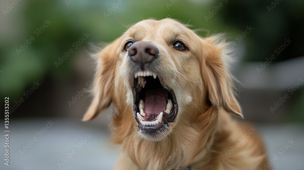 Poster Golden retriever barking with an open mouth creating a joyful expression in a cozy domestic setting : Generative AI