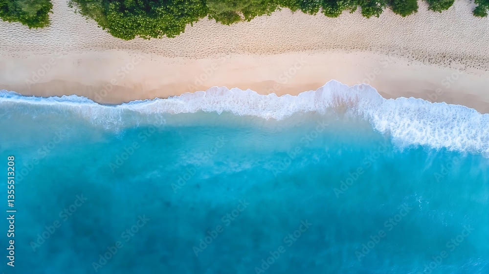 Poster Stunning Aerial View of Pristine Beach with Soft Sand and Turquoise Waves Crashing : Generative AI
