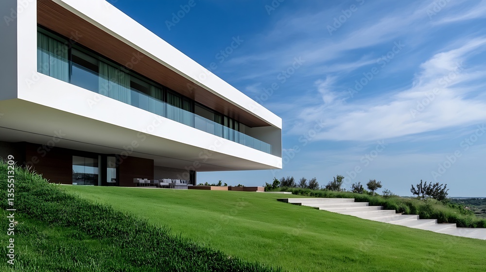 Poster a modern architectural masterpiece featuring a sleek design harmonious landscaping and expansive gla