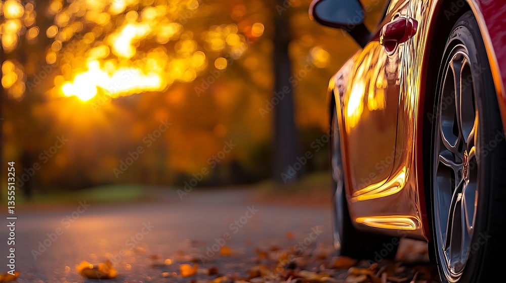 Poster dynamic closeup view of a sports car tire on an autumn road with sun rays shining through trees : ge