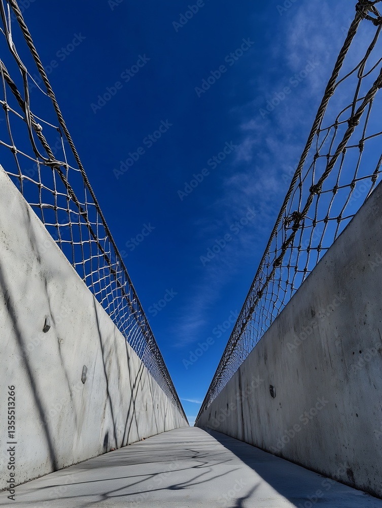 Fototapete Modern architecture featuring an empty pedestrian walkway with a striking view of blue skies framed by concrete walls : Generative AI