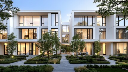 Modern White Townhouses with Lush Landscaping Under Clear Blue Sky