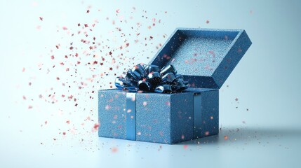 Fototapeta premium Blue gift box opening with confetti on light blue background