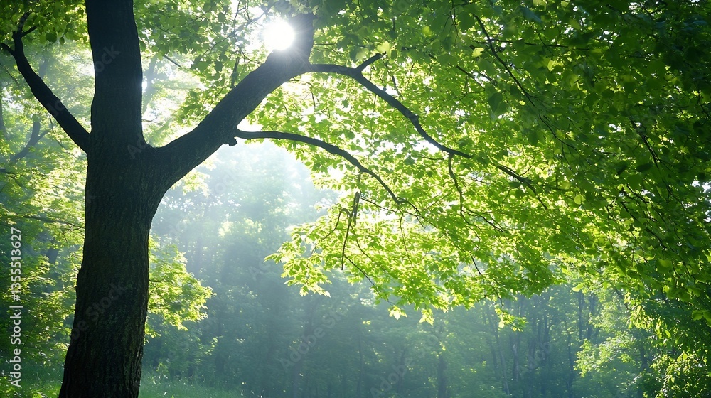 Poster Sunlight Filtering Through Green Tree Leaves in a Serene Forest Scene : Generative AI