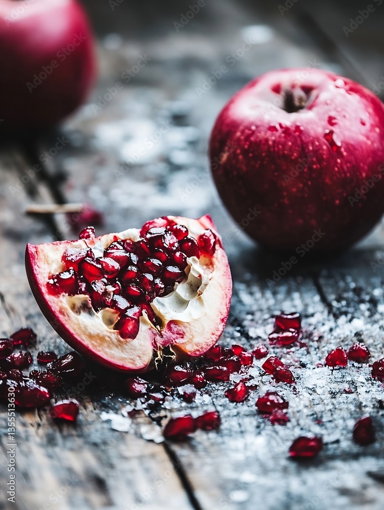 Poster fresh and juicy pomegranate slices displayed on rustic wooden table with whole apples : generative a