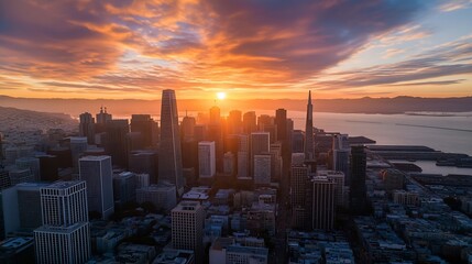 Fototapeta premium Breathtaking Aerial View of City Skyline During Sunset with Vibrant Colors : Generative AI