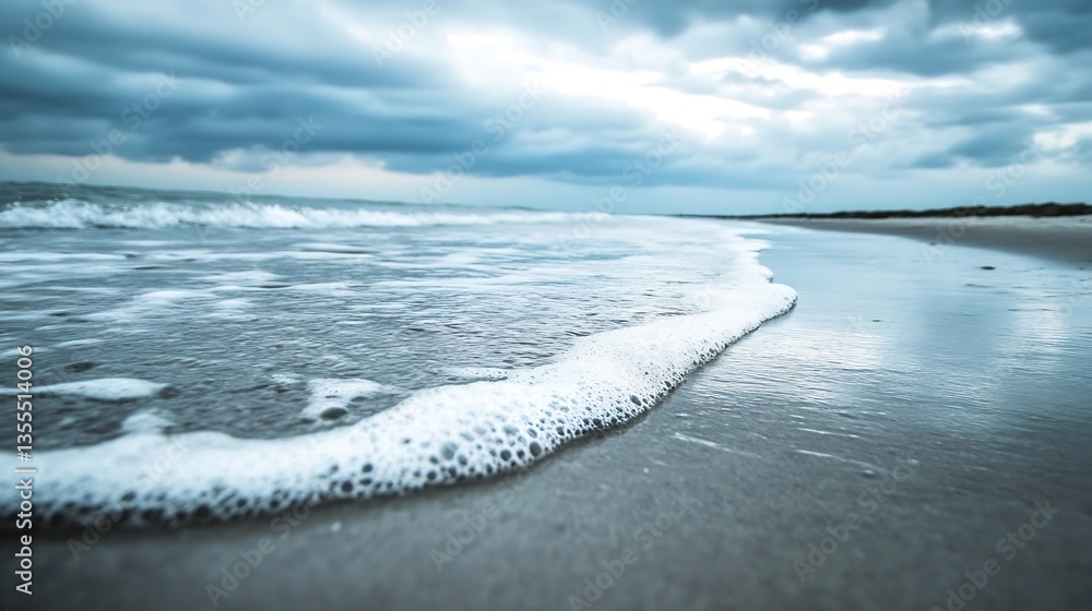 Poster shoreline with gentle waves crashing against golden sand under cloudy skies : generative ai