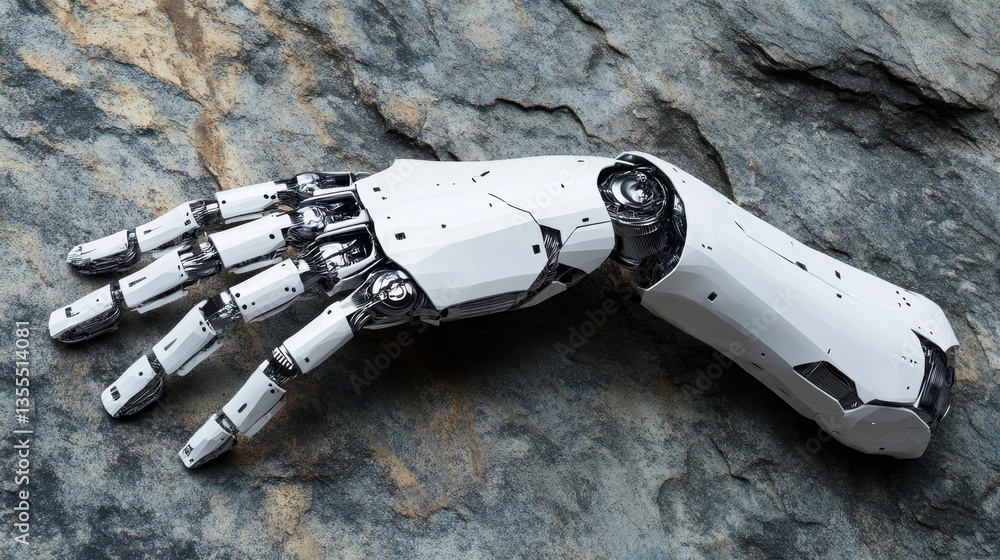 Poster a functional d-printed robotic hand prototype displayed elegantly on a stone-gray background.
