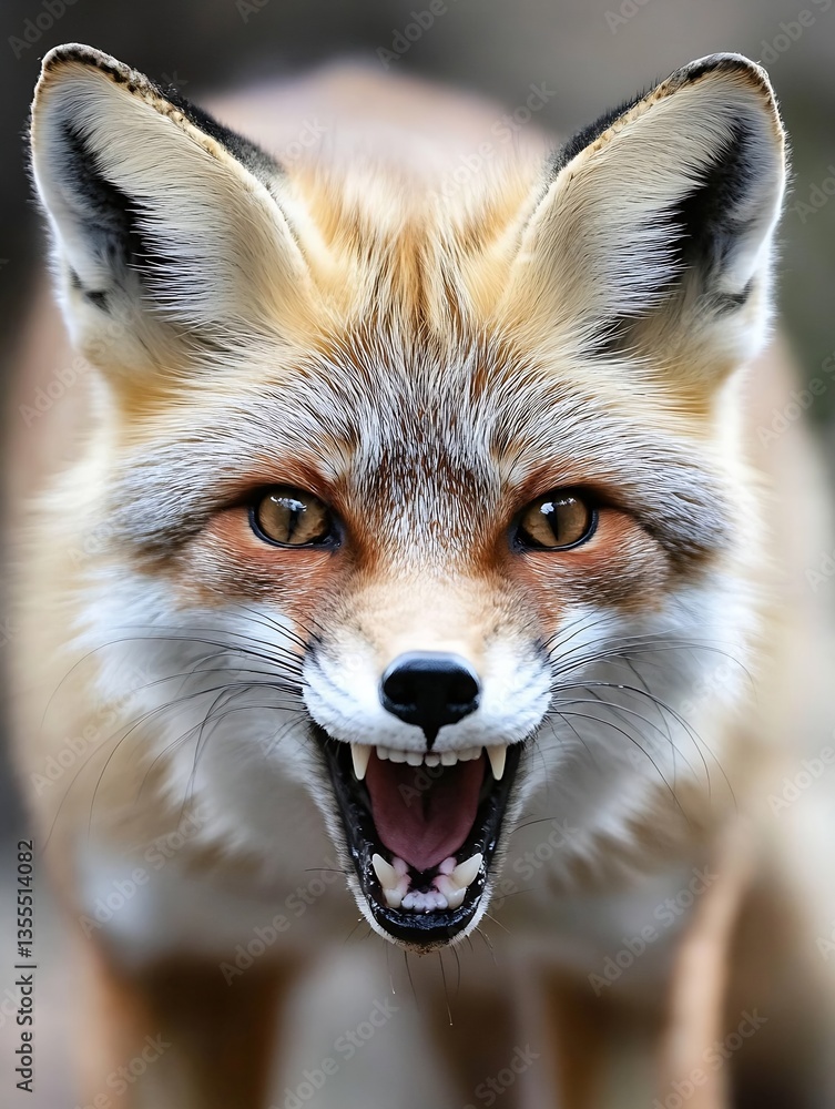 Poster fierce red fox with sharp teeth and intense gaze displaying natural wild behavior in captivating clo