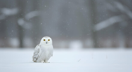 Snowy Owl Standing in Winter Snow During Snowfall Close View