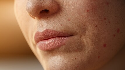 Fototapeta premium Acne Skin Close-Up: The photo reveals a close-up of skin texture, prominently showing the presence of acne, offering a detailed look at the condition.