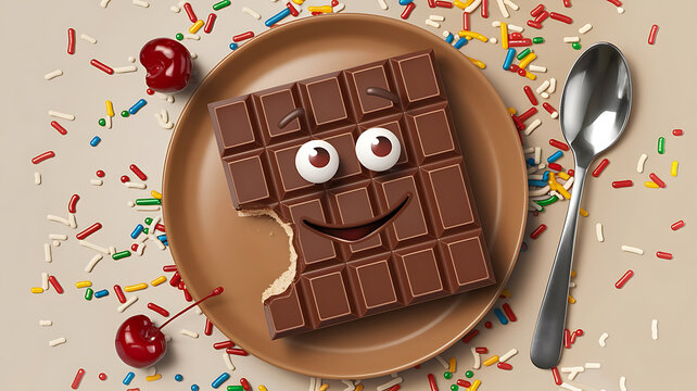 Chocolate bar with a smile sprinkles and cherry Sweet treat dessert concept