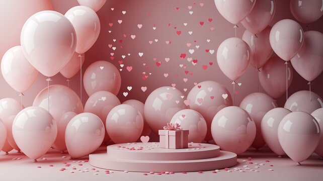 Celebration of Pink Balloons: Festive scene featuring a multitude of soft pink balloons, a gift, and heart-shaped confetti, creating a sense of joy and anticipation for a special occasion.