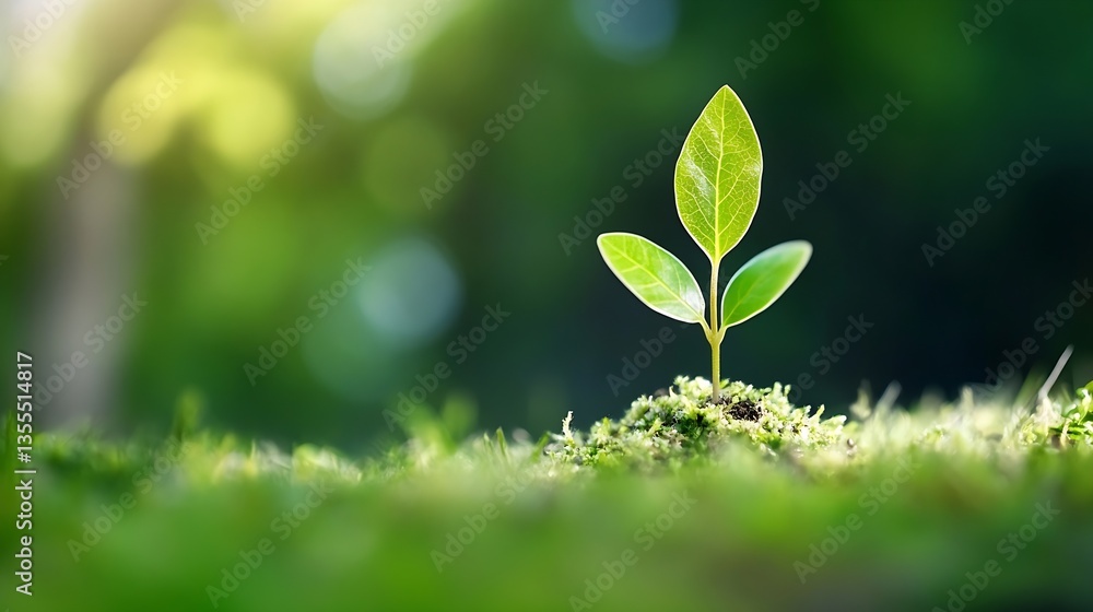 Poster young green plant sprouting from the ground in a soft bokeh light filled environment : generative ai