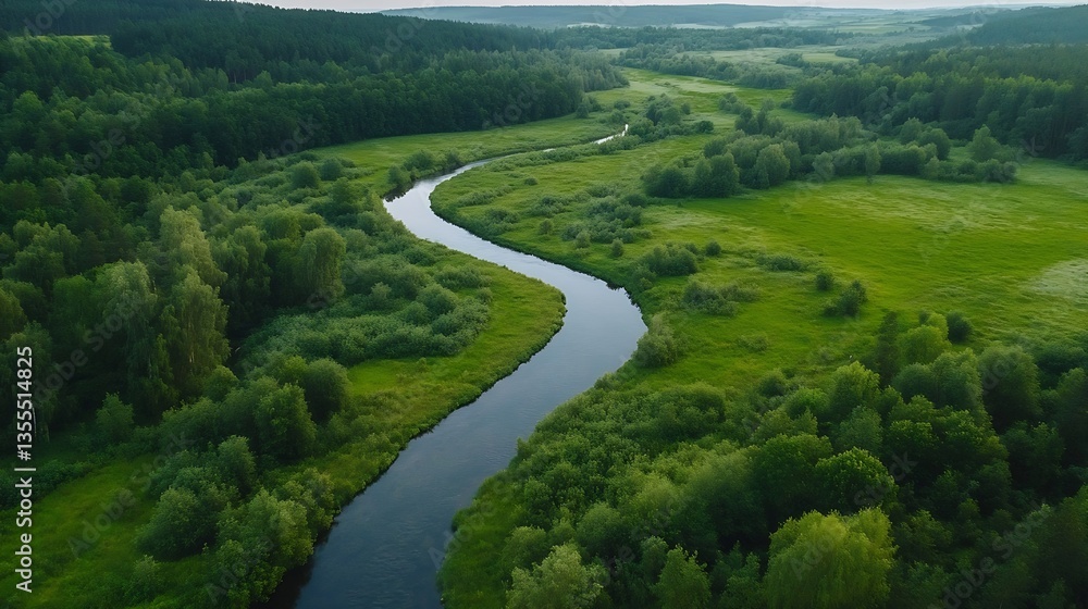 Poster aerial view of winding river flowing through lush green fields and forests in natural landscape : ge
