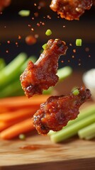 Alitas de pollo, comida, aperitivo, salsa, zanahorias, apio