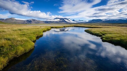 Breathtaking Reflection of Mountains in Clear Water of Icelandic River Under Blue Sky : Generative AI